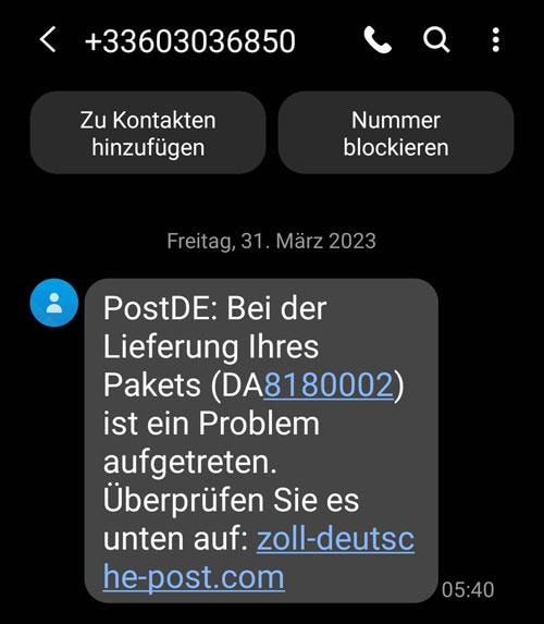 Screenshot Beispiel gefälschte SMS